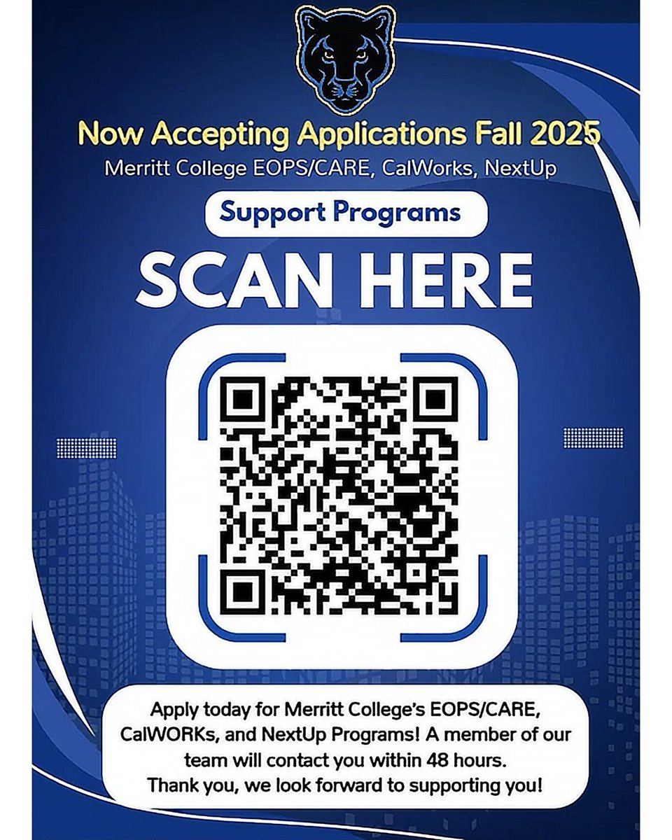 The Peralta Colleges (@peraltacolleges) on Twitter photo 📣 Now accepting Fall 2025 applications! <a href="/MerrittCollege/">Merritt College</a>'s EOPS/CARE, CalWORKs & NextUp programs offer extra support, resources & guidance to help you thrive💪
📲 bit.ly/46iueHr 💻someone will follow up within 48 hours! 📣 Now accepting Fall 2025 applications! <a href="/MerrittCollege/">Merritt College</a>'s EOPS/CARE, CalWORKs & NextUp programs offer extra support, resources & guidance to help you thrive💪
📲 bit.ly/46iueHr 💻someone will follow up within 48 hours!