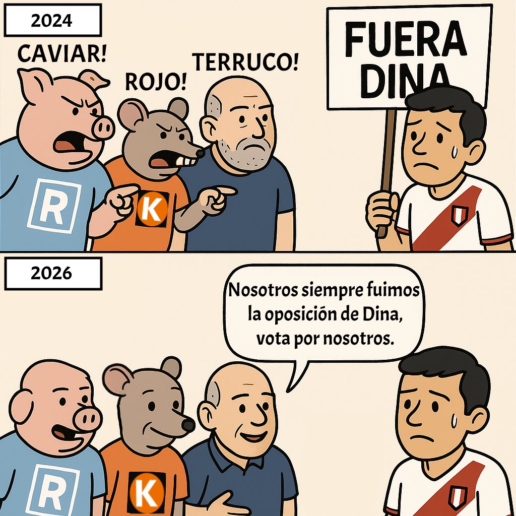 Defender tanto a Dina no les va a salir gratis.

Ahora fingen ser oposición, pero cuando te quejabas te decían caviar, rojo, terruco (sin importar si eras de izquierda o derecha).

Este 2026 que se va Dina… ustedes se van con ella. #PorEstosNo #PorEstosNo2026