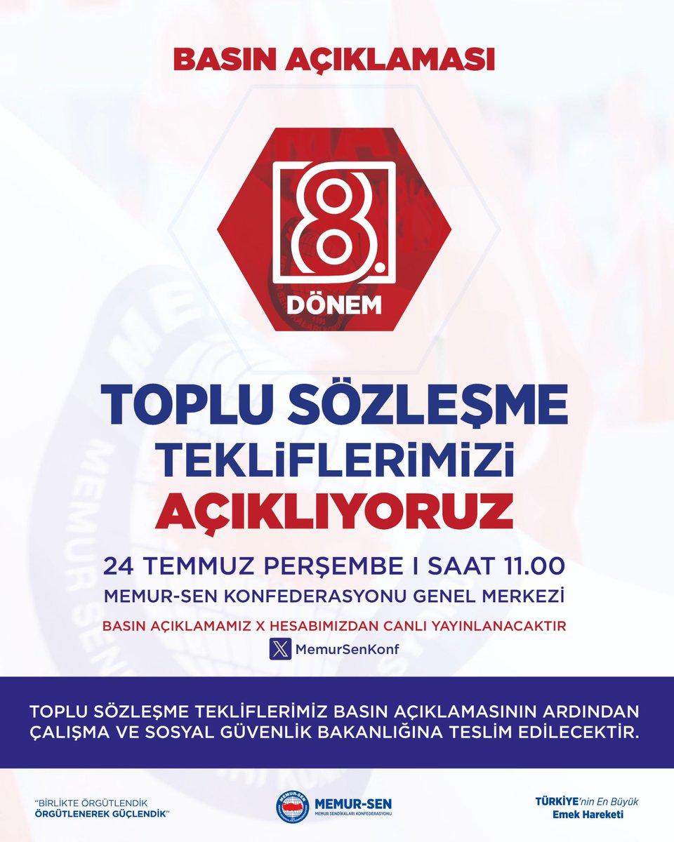 _aliyalcin_'s tweet image. 🎙️ 8. Dönem Toplu Sözleşme
Tekliflerimizi Açıklıyoruz
Yetkili konfederasyon olarak, kamu görevlileri ile emeklilerinin 2026-2027 yıllarını kapsayacak maaş ve ücret artışlarıyla, diğer mali ve sosyal haklarının görüşüleceği 8. Dönem Toplu Sözleşme Tekliflerimizi açıklıyoruz.…