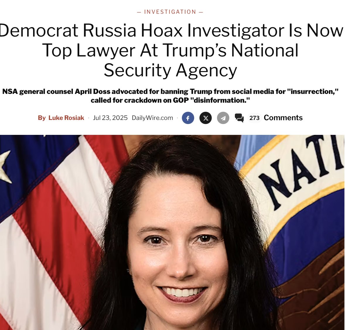lukerosiak's tweet image. Trump wants those involved in RussiaGate to go to jail. But one such person is instead currently general counsel of his National Security Agency!
April Doss, who was paid by Sen. Warner to tie Trump to Russia, calls Trump an insurrectionist & pushed "disinformation" crackdowns: