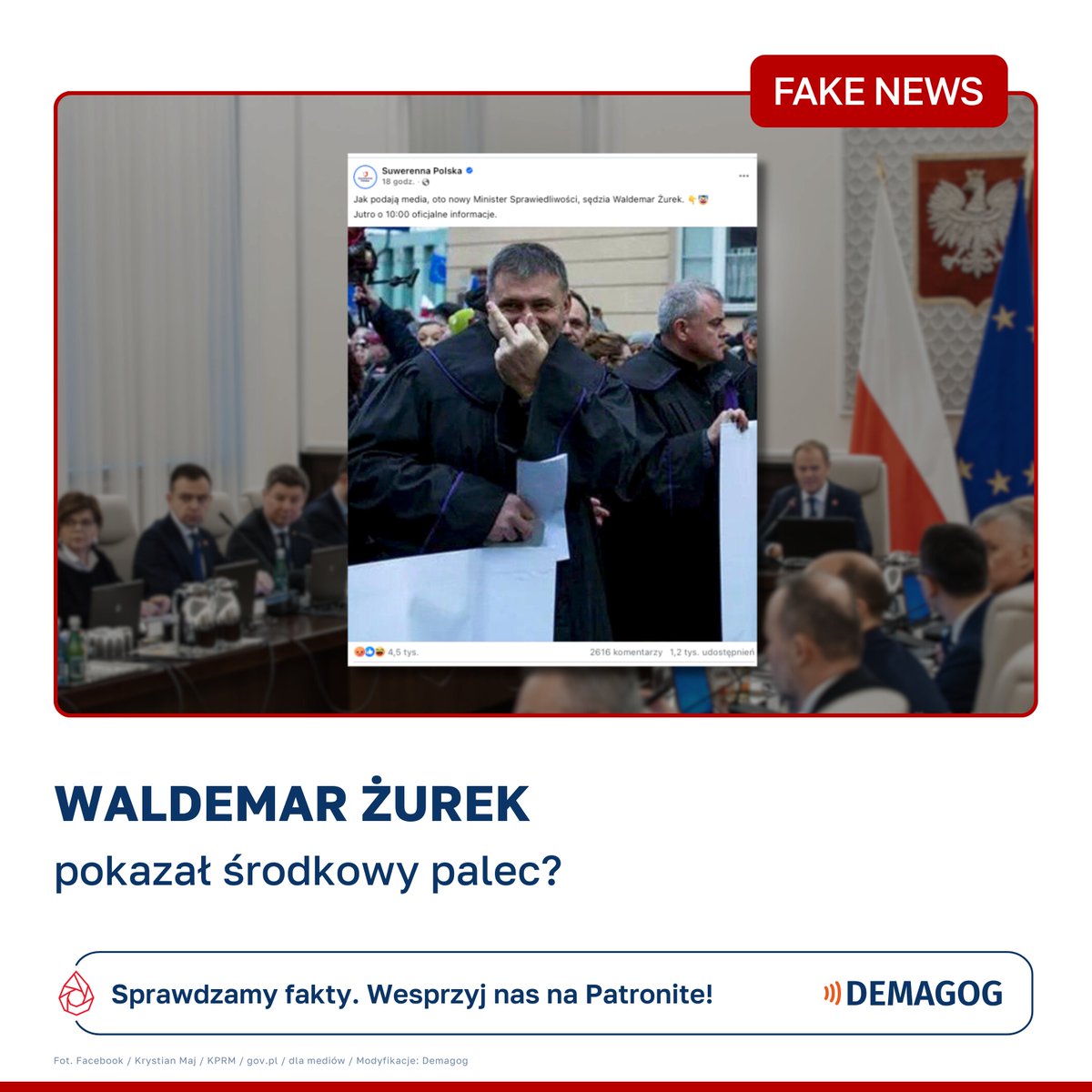 DemagogPL's tweet photo. 🗣️ Sędzia Żurek pokazuje środkowy palec? To ❌ #fakenews

❓ W sieci, po ogłoszeniu Waldemara Żurka nowym ministrem sprawiedliwości, popularność zyskało zdjęcie sędziego, który pokazuje środkowy palec. Post udostępnili https://t.co/bjlsc6UqdX. @OlgaEwaSemeniuk oraz @Lukasz_Kmita z @pisorgpl.

💡 Zdjęcie zrobiono podczas Marszu Tysiąca Tóg w 2020, tuż przed momentem, w którym sędzia pokazał dłonią znak zwycięstwa. Niefortunny gest to efekt zrobienia kilku zdjęć w krótkim odstępie czasu.

🔎 Link do analizy: https://t.co/FjVYWgLdXI