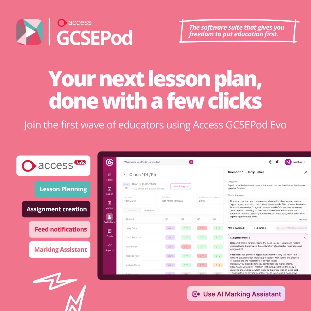 Launching this September, Access GCSEPod Evo is your AI-powered assistant for smarter lesson planning, streamlined assignment creation and fast, insightful marking, all backed by trusted GCSEPod content.

Register your interest 👉🏼 ow.ly/k6XT50WtTM6

#Education #EdTech