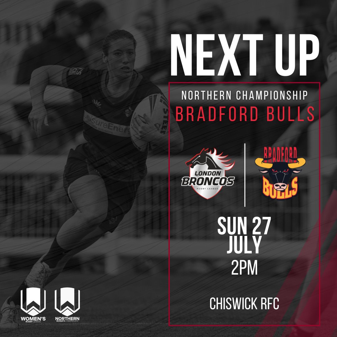 BroncosWomen's tweet image. LAST HOME GAME OF THE GROUP ROUNDS ๐ โจ
This Sunday we take on @officialbullsrl at @chiswick_rugby for Round 8 of the Northern Championship ๐ฅ
๐๏ธ Sunday 27 July
โฐ 2pm KO
๐ @officialbullsrl
๐ Chiswick RFC
ยฃ5 Entry U12s FREE
#BackTheBroncos #OurHouse #LetsGo
#WeAreLondon ๐ด