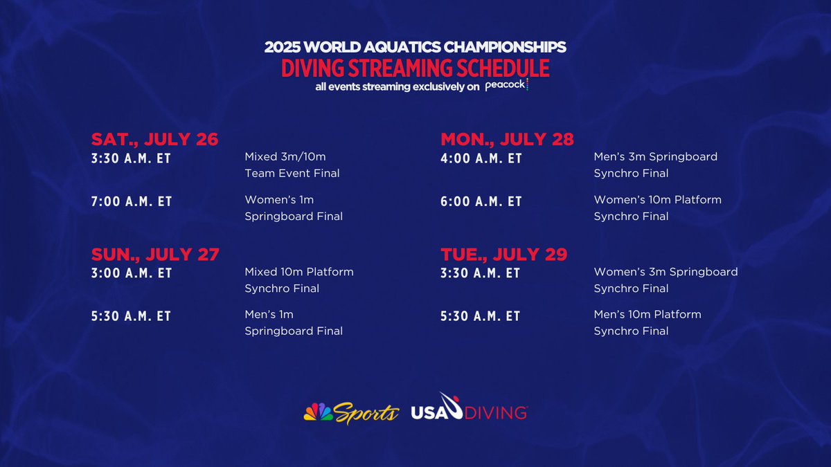 USADiving's tweet image. Want to watch Team USA at the 2025 World Aquatics Championships? All finals will be streaming LIVE on @peacock!

Which event are you most excited for? 👀