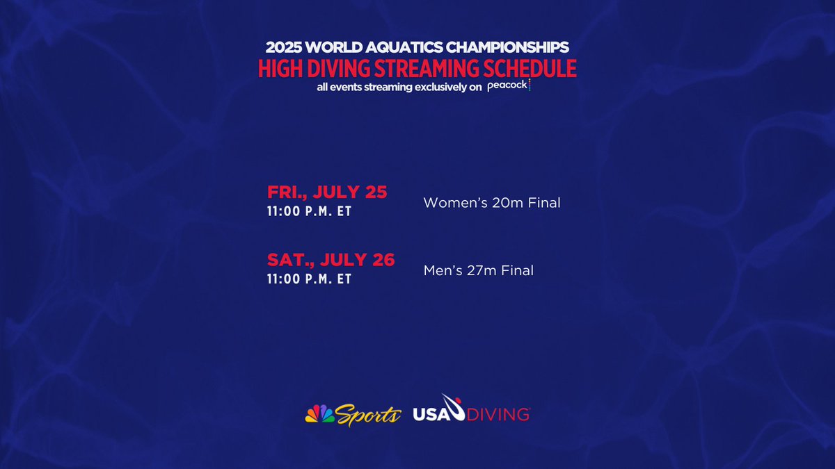 USADiving's tweet image. Want to watch Team USA at the 2025 World Aquatics Championships? All finals will be streaming LIVE on @peacock!

Which event are you most excited for? 👀