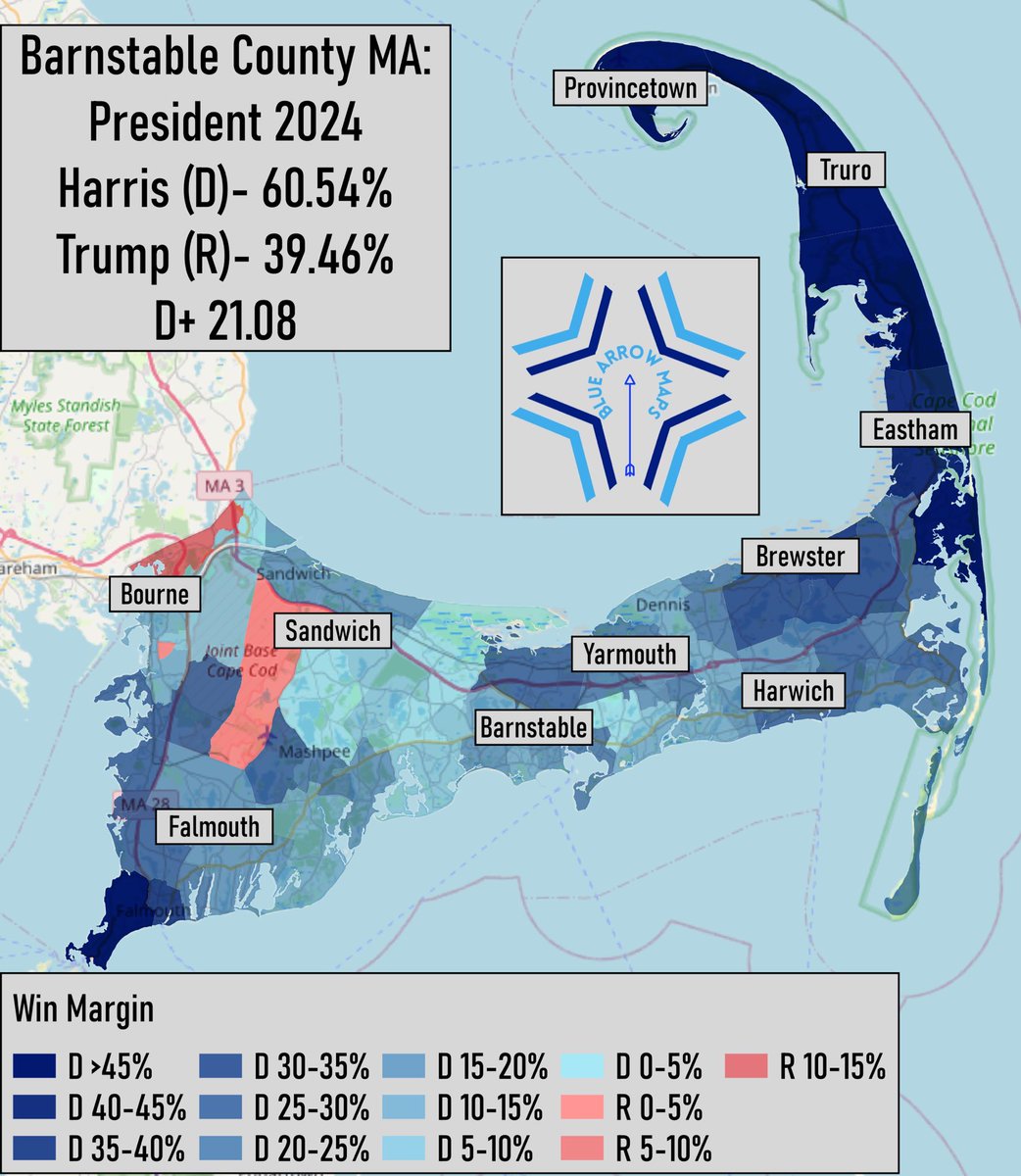 bluearrowMaps's tweet image. Barnstable County MA is home to Cape Cod, and has voted fairly reliably for Democrats in the recent era. Kamala Harris won it by 21 points in 2024, only losing a handful of precincts more inland #ElectionTwitter