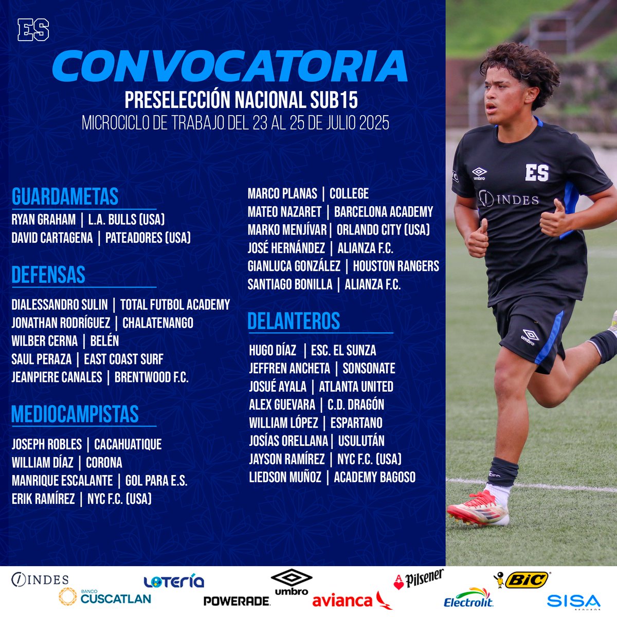 📋 | Convocatoria preselección Sub15  

Esta es la convocatoria en una nueva semana de trabajo para nuestra azulita

#ElSalvador #LaSelectaSub15