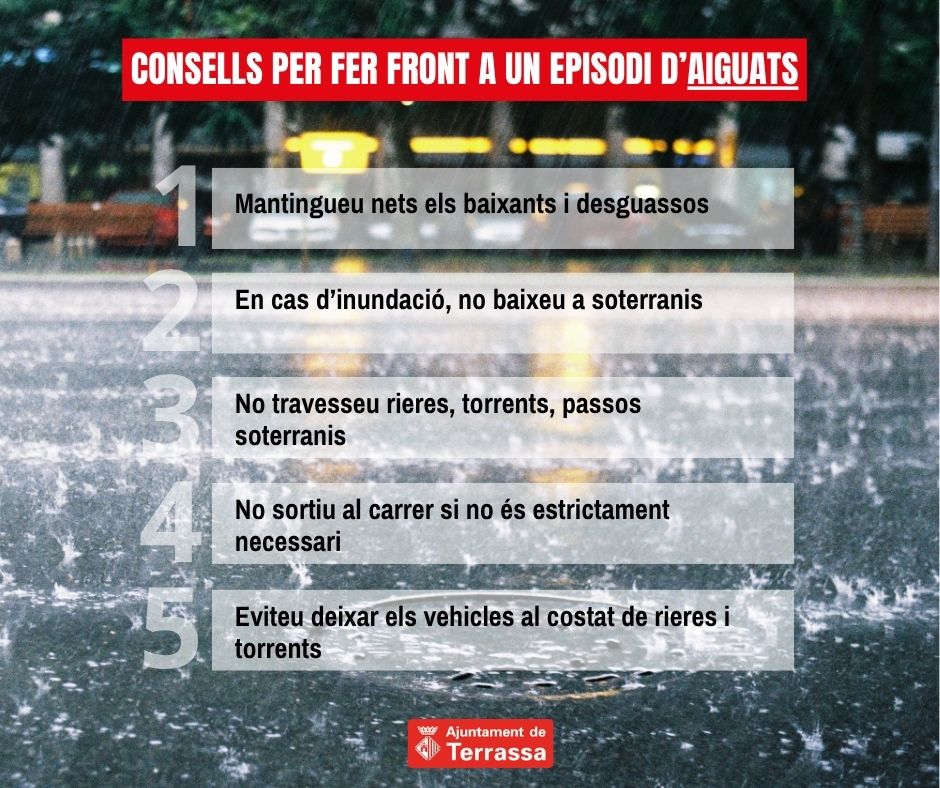 🚨 #INUNCAT i Pla Emergència Municipal activats a #Terrassa

⚠️ Per minimitzar riscos: tanquem piscines, netegem embornals, activem serveis municipals, alertem casals i anul·lem Taula de barris disseminats

⛔️ Extremeu precaucions i seguiu canals oficials per més actualitzacions
