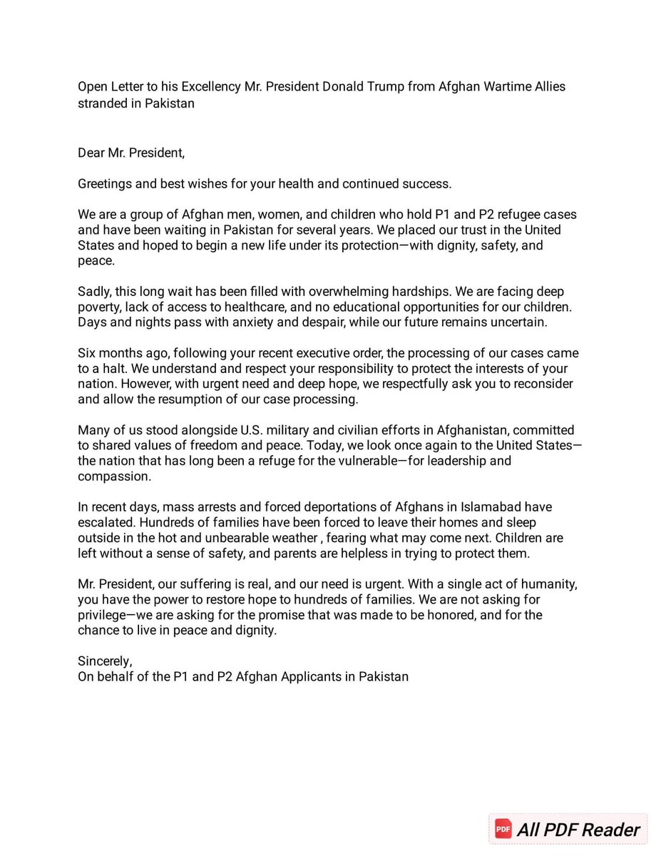 SIV_P1P2's tweet image. Open Letter to His Excellency President Donald J. Trump
@POTUS @realDonaldTrump #Save_Afghan_Allies_P1P2 #SaveAfghanAllies #HonorThePromise