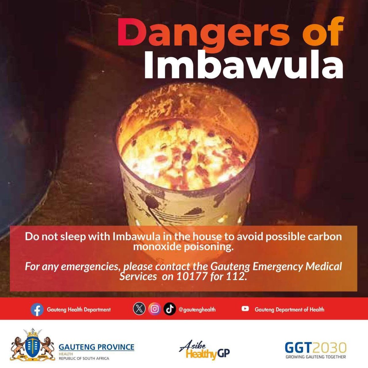 Increase in deaths suspected to be caused by imbawula (carbon monoxide poisoning)

Be warned not to leave imbawula inside the house when you sleep. It is dangerous and is deadly. 

#AsibeHealthyGP