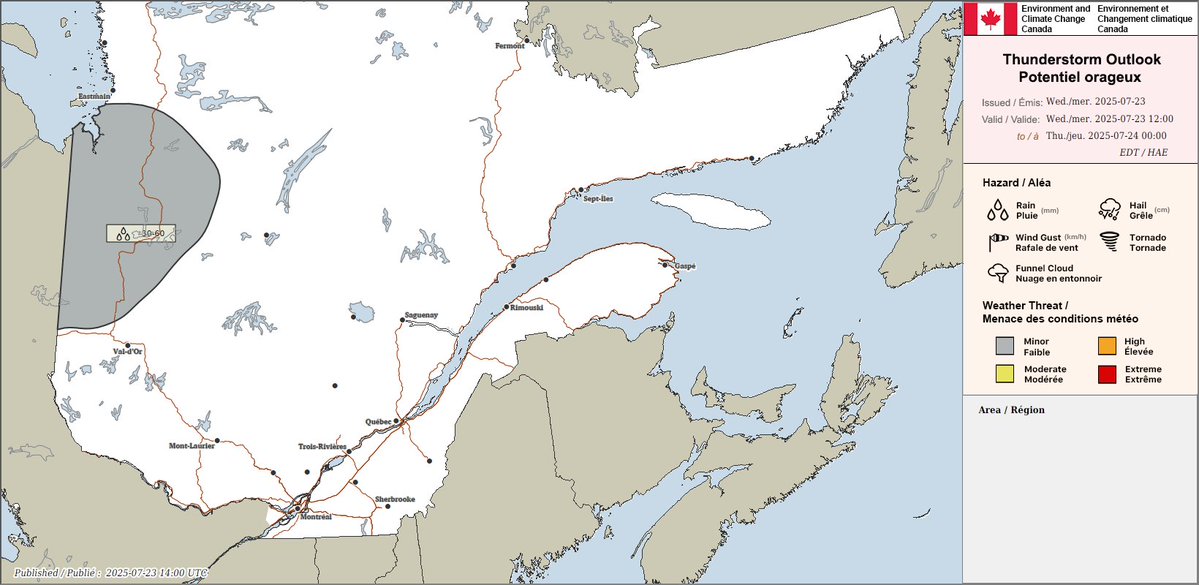 ECCC Weather Quebec (@ecccweatherqc) on Twitter photo Thunderstorm outlook for Quebec valid today, July 23.
Any report of damage can be sent to Environment and Climate Change Canada using #QCstorm or by emailing QCstorm@ec.gc.ca. Thunderstorm outlook for Quebec valid today, July 23.
Any report of damage can be sent to Environment and Climate Change Canada using #QCstorm or by emailing QCstorm@ec.gc.ca.
