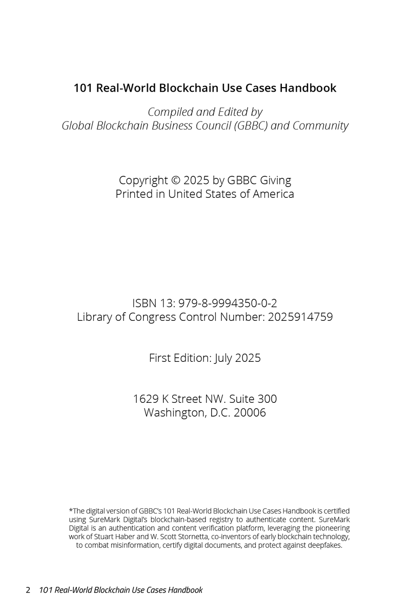 GBBC_io's tweet image. Major milestone reached! GBBC’s 101 Real-World Blockchain Use Cases #Handbook (2025) has now received a Library of Congress Control Number.

📚 Published by @GBBCGiving, the Handbook continues to guide regulators, policymakers, and public sector leaders.

Government agencies:…