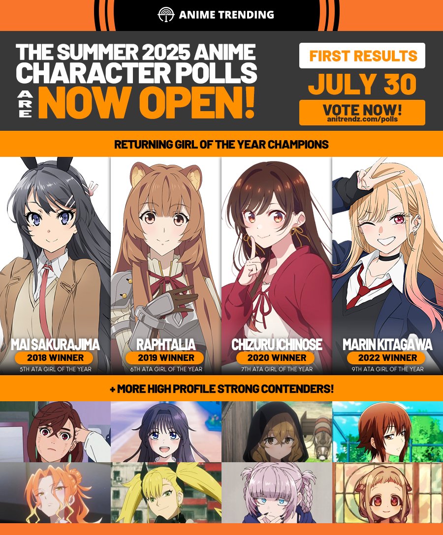 AniTrendz's tweet image. For the first time in AT History, our seasonal character polls will feature four former Girl of the Year Winners! Cast your votes now on our Summer 2025 Anime Character Polls!
Vote 馃憠 atani.me/summer2025c-3