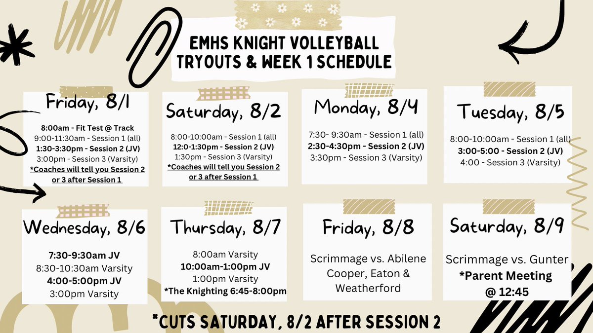 Eagle Mountain High School Volleyball (@emhs_knightvb) on Twitter photo 🚨EMHS Knight Volleyball Tryouts🚨
Below you will find 8/1 & 2 tryout schedule and the schedule for week 1! 
Requirements to Try Out! 
1. RankOne forms must be completed online
2. Current Physical on file- dated AFTER May 1
No forms = No Tryouts! 
#ArmorUp #Curtis 🚨EMHS Knight Volleyball Tryouts🚨
Below you will find 8/1 & 2 tryout schedule and the schedule for week 1! 
Requirements to Try Out! 
1. RankOne forms must be completed online
2. Current Physical on file- dated AFTER May 1
No forms = No Tryouts! 
#ArmorUp #Curtis