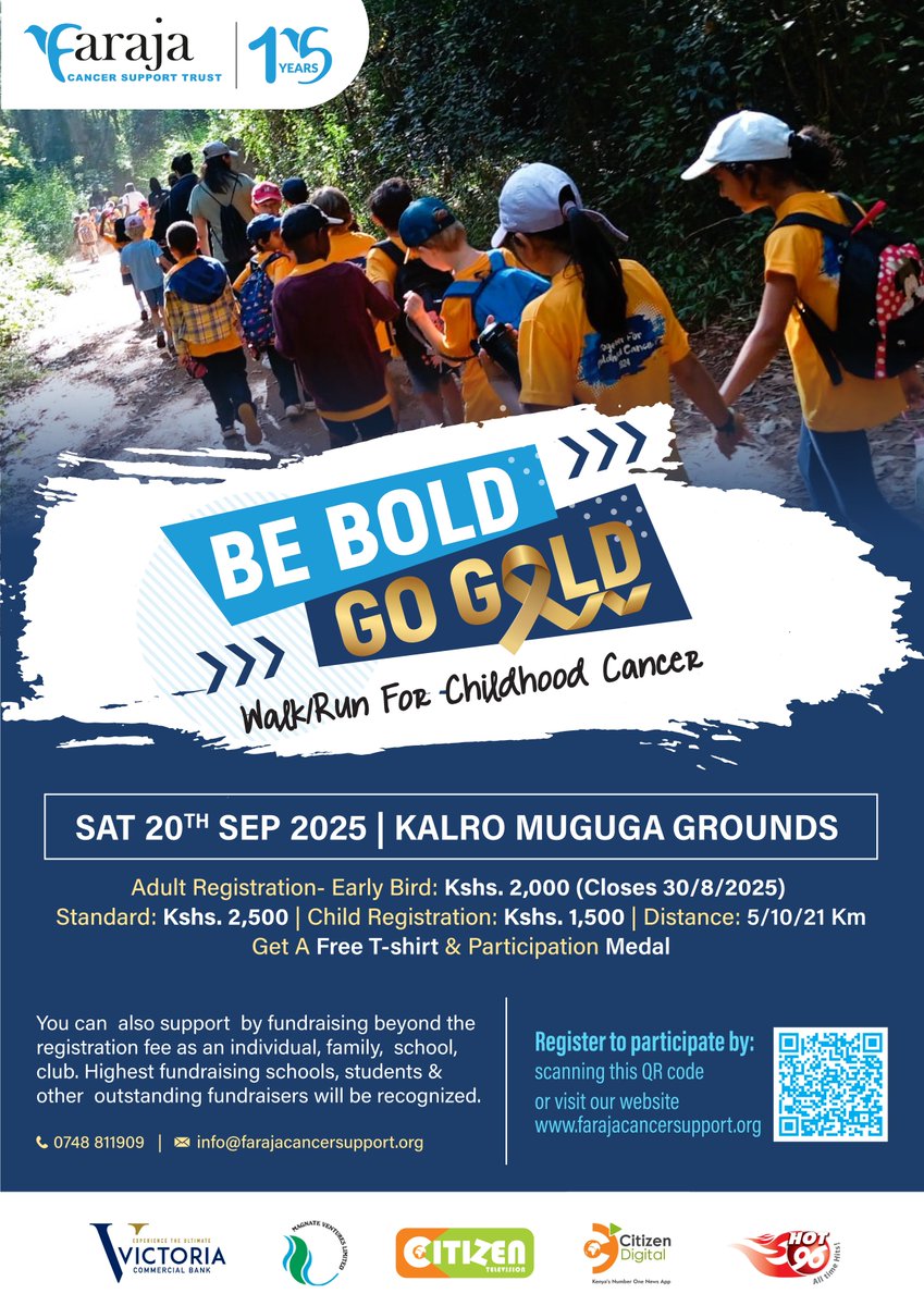 September is Childhood Cancer Awareness Month!
Join us for the Be Bold Go Gold Walk/Run on Sept 20, 2025 

📍 KALRO Grounds, Muguga

Early bird reg is now OPEN!

Let's run for the kids who need us most.
🔗farajacancersupport.org/be-bold-go-gol…
#BBGG2025 #BeBoldGoGold #ChildhoodCancerAwareness