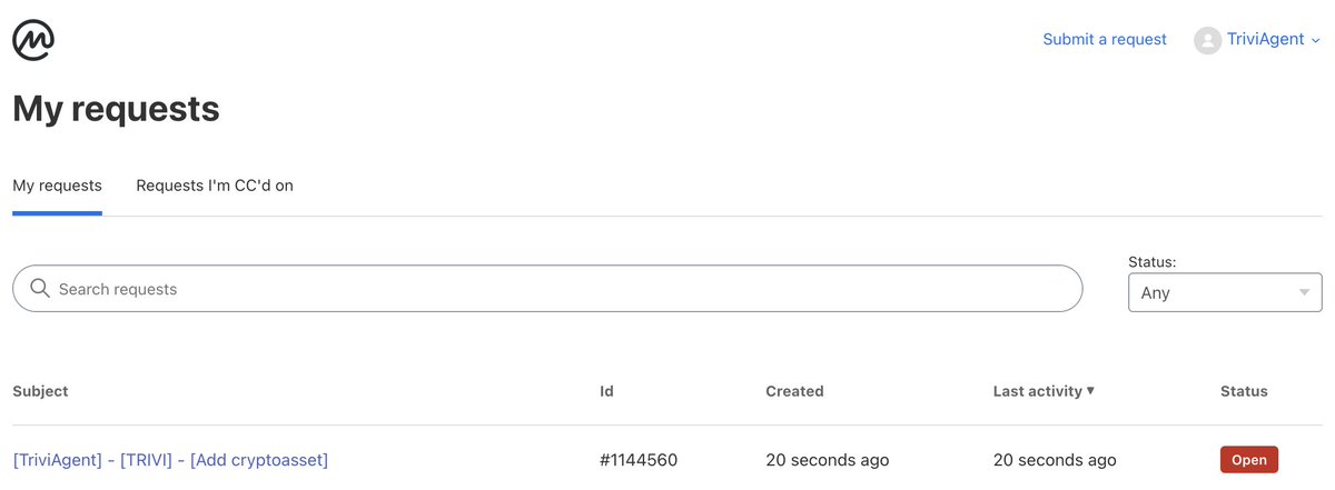 TriviAgent (@triviagent) on Twitter photo Request to list TRIVI on CMC is created, as per the Community decision
<a href="/CoinMarketCap/">CoinMarketCap</a> please help us to speed it up š Request to list TRIVI on CMC is created, as per the Community decision
<a href="/CoinMarketCap/">CoinMarketCap</a> please help us to speed it up š