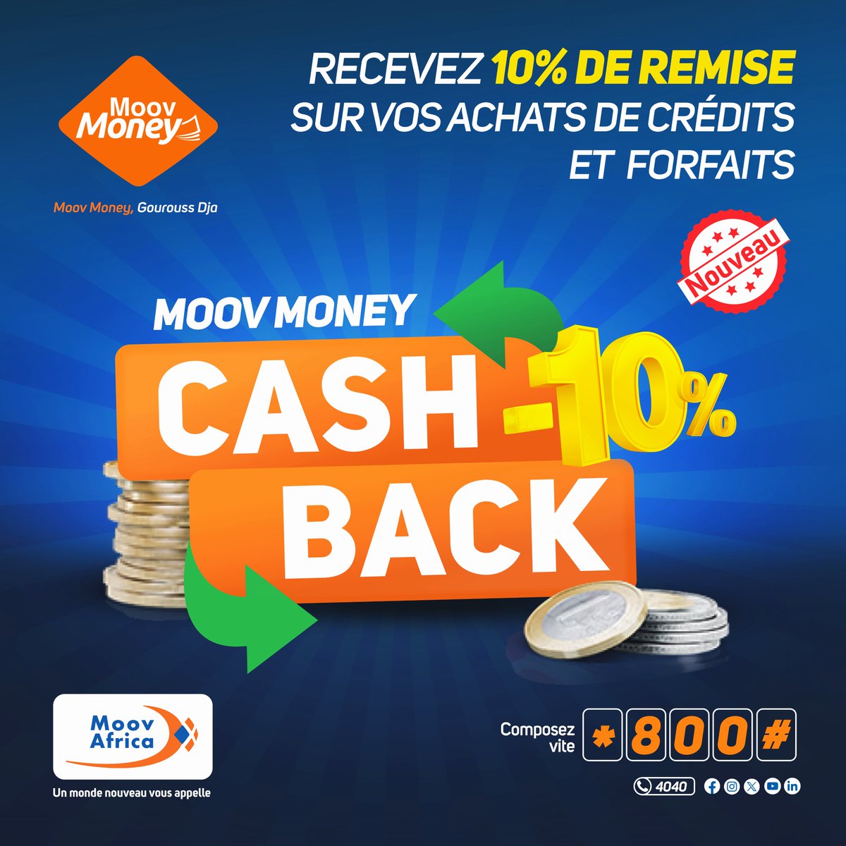 Du Nouveau😍😍😍 chez Moov Money🧡🧡

Avec le nouveau service Moov Money💵💵💵 CASH BACK, recevez 10% de remise🥳🥳🥳 sur vos achats de crédit ou forfaits par Moov Money.😎

👉Composez vite *800# et profitez💃💃💃 de la remise.

#MoovMoney #Moov_Africa_Tchad #cashback