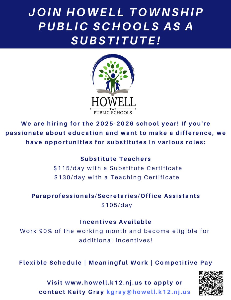 Ready to make an impact? Join Howell Township Public Schools as a substitute! #HTPSTalentTeams #HTPSLearnerSuccess #HTPSCommunityEngagement