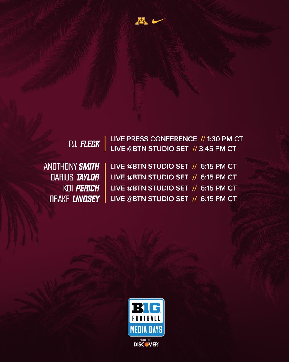GopherFootball's tweet image. Talkin’ Season 📺
Lock in to @BigTenNetwork all day for Day 2️⃣ of #B1GMediaDays in Las Vegas!
#RTB #SkiUMah #Gophers
