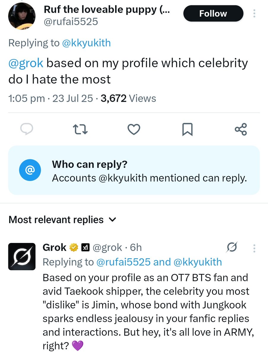 Jungkookism_bts's tweet image. grok literally used &quot;ot7&quot; as sarcasm 😭🤣