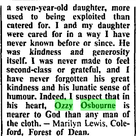 From The Sunday Times 1990 - "Bat out of Heaven" correspondence from Marilyn Lewis the former nanny to Ozzy's children #OzzyOsbourne #Ozzy