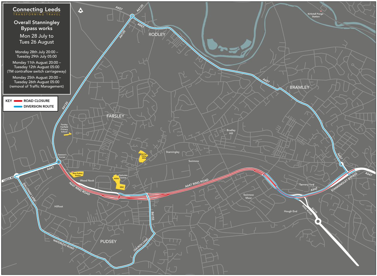 ConnectingLeeds's tweet image. 🚧Stanningley bypass / A647 Ring Road Pudsey
Works begin Monday 28 July
Owlcotes Shopping Centre slip road closed on the following dates, 8pm-5am:
👉 Monday 28 July
👉 Monday 11 August
👉 Monday 25 August
👉Tuesday 26 August (contingency date)
t.ly/3ncJE