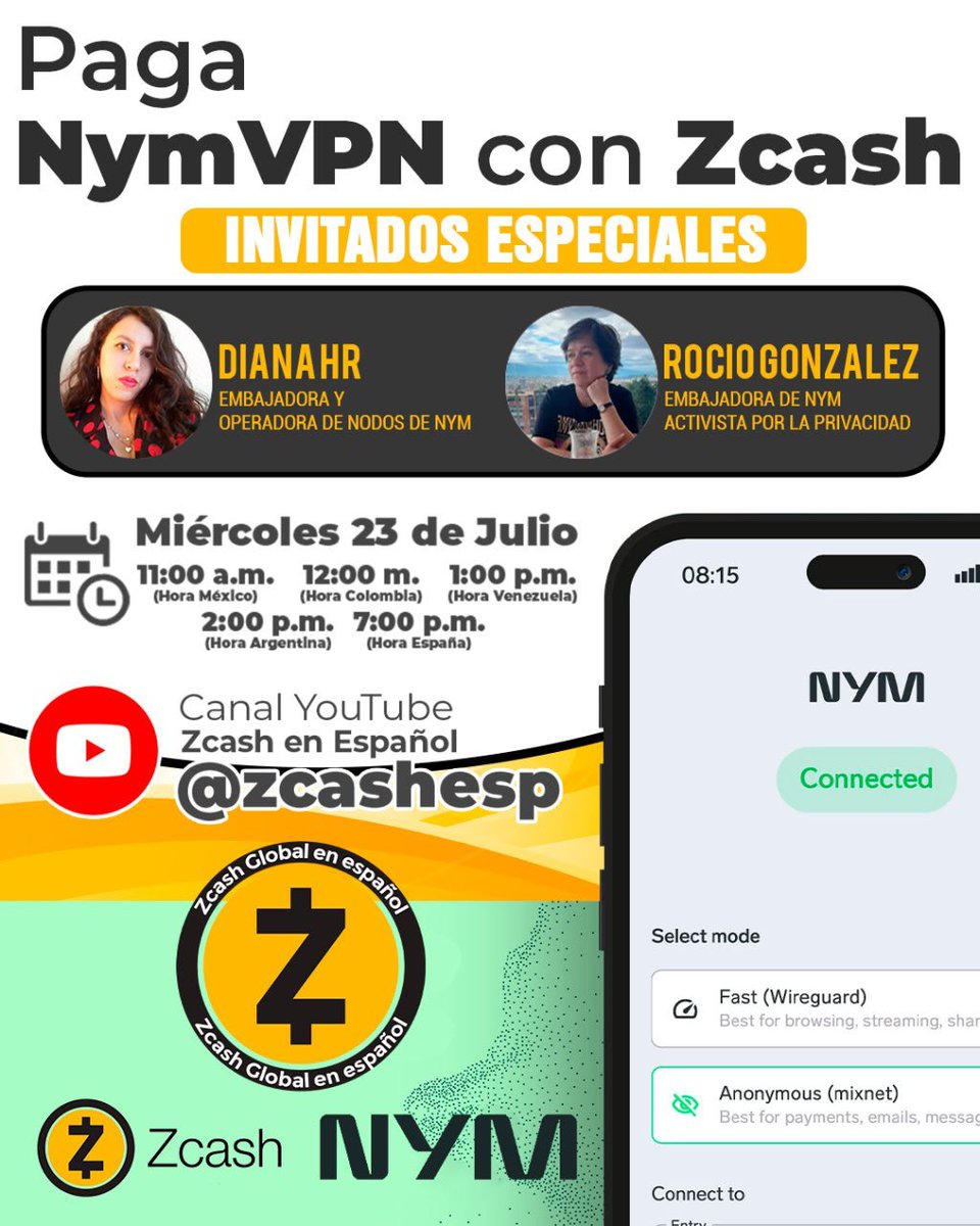EspanolNym's tweet image. NymVPN en el podcast de @zcashesp  🎉

HOY nuestras queridas Nym Ambassadors @_le_cygne y @RocioGonzalezT9 estaran conversando con la comunidad de Zcash en español sobre Nym, la NymVPN y Zcash.

⏰ 11:00 Mexico / 12:00 Colombia
📺 youtube.com/watch?v=QR2b4T…