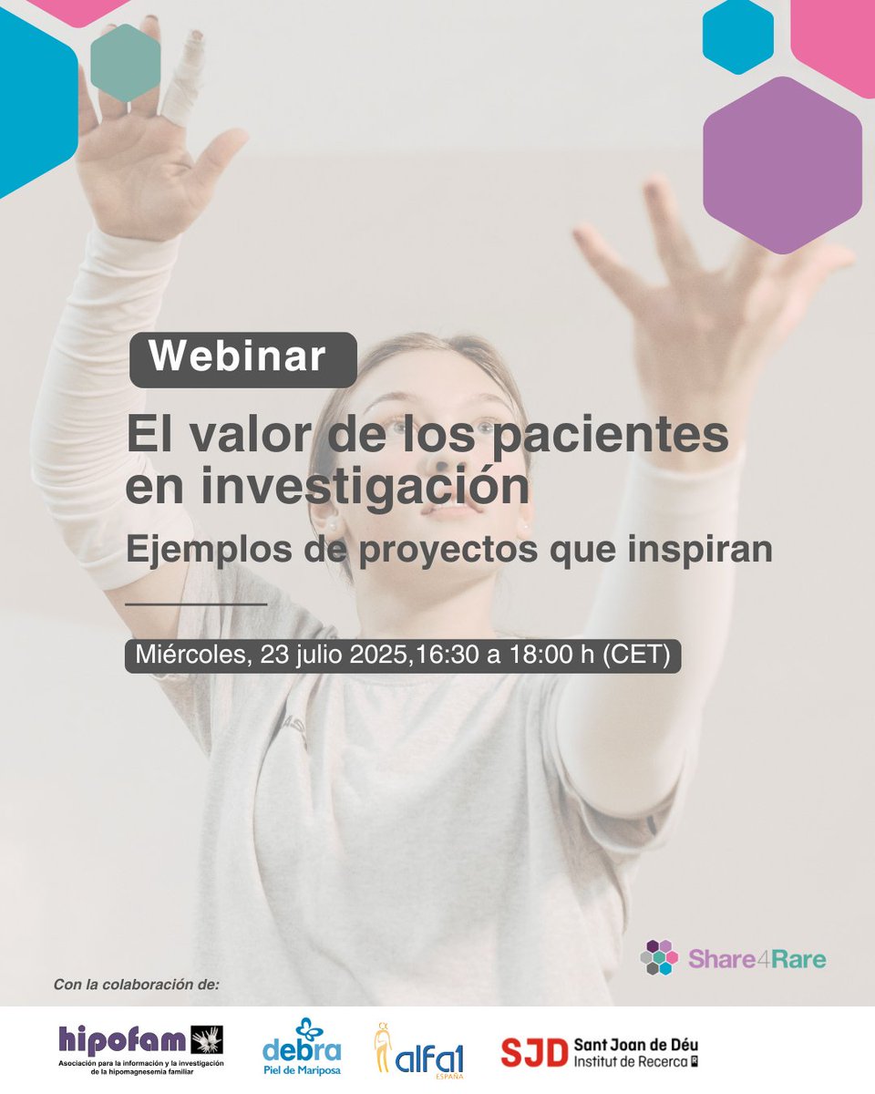 Share4Rare_es's tweet image. ¡Empezamos en 5⃣ minutos!
No te pierdas el webinar "El valor de los pacientes en investigación", con ejemplos de proyectos que inspiran, llevados a cabo a través de la nuestra plataforma #Share4Rare.
@pieldemariposa @Alfa1Espana @hipofam
Conéctate 👉 tinyurl.com/4pcj5azm