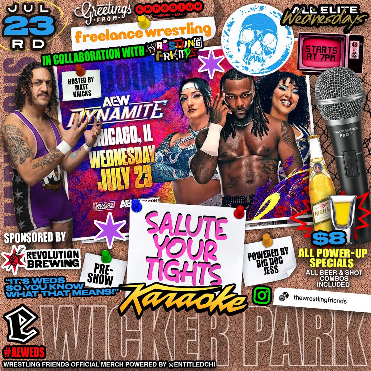 twfchicago's tweet image. CANT MAKE IT TO THE ARAGON TONIGHT FOR #AEWDYNAMITE ?
THE WRESTLING FRIENDS GOT YOU COVERED! COME HANG OUT AND WATCH DYNAMITE WITH THE WRESTLING FRIENDS AT EMPORIUM WICKER PARK AND STICK AROUND FOR KARAOKE HOSTED BY CHICAGOS OWN @TheMattKnicks FOR A NIGHT OF GRAPS AND FRIENDSHIP