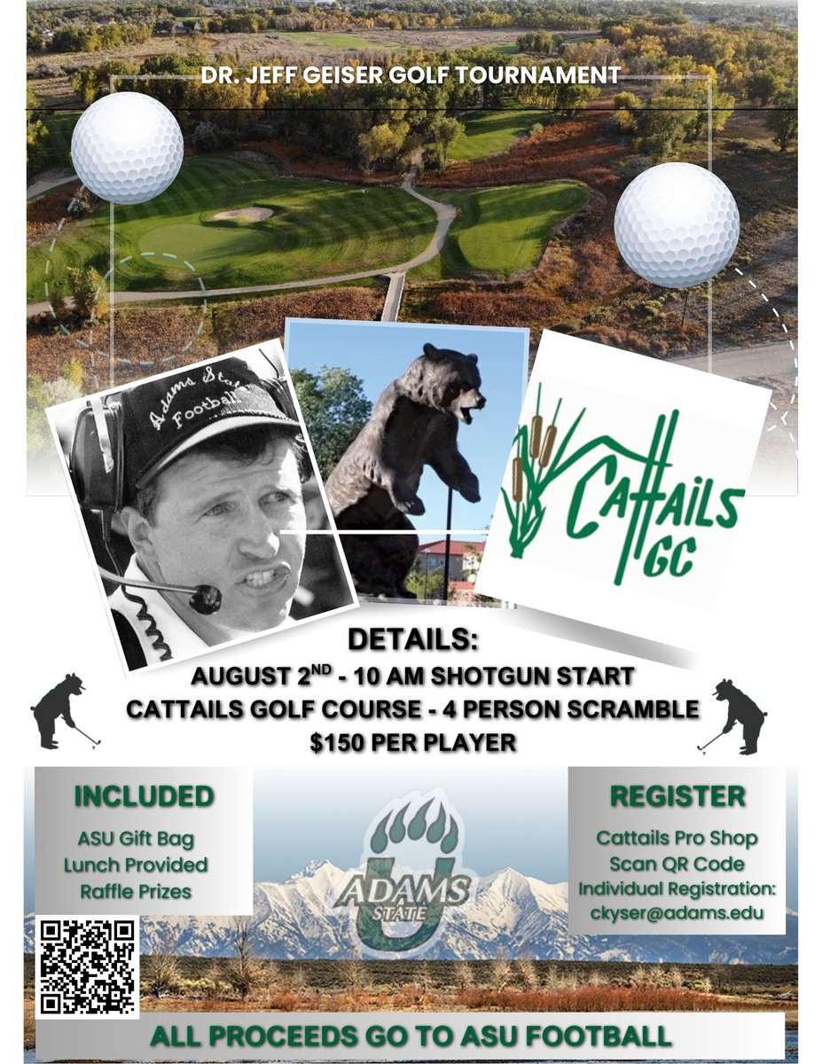 ⛳️ DR. GEISER GOLF TOURNAMENT ⛳️
 📅 8/2/25 | 🕙 10 AM 
 📍 Cattails  | 💥 4-Person Scramble
 💰 $150 per player
golfgenius.com/ggid/lwf4gq/re…
We're almost full — LIMITED SPOTS LEFT! Don’t miss out on this special day.
 
#GoGrizz #WeUsOur #ASUFootball