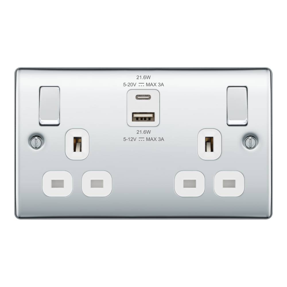 sparksdirect's tweet image. This is the BG Nexus Metal NPC22UAC22W-01 Polished Chrome, 13A Double Switched Socket with USB A + C 22W, White Inserts available at Sparks Electrical Wholesalers for the best price.

#socket #USBsocket #bestprice 

sparksdirect.co.uk/product/2-gang…