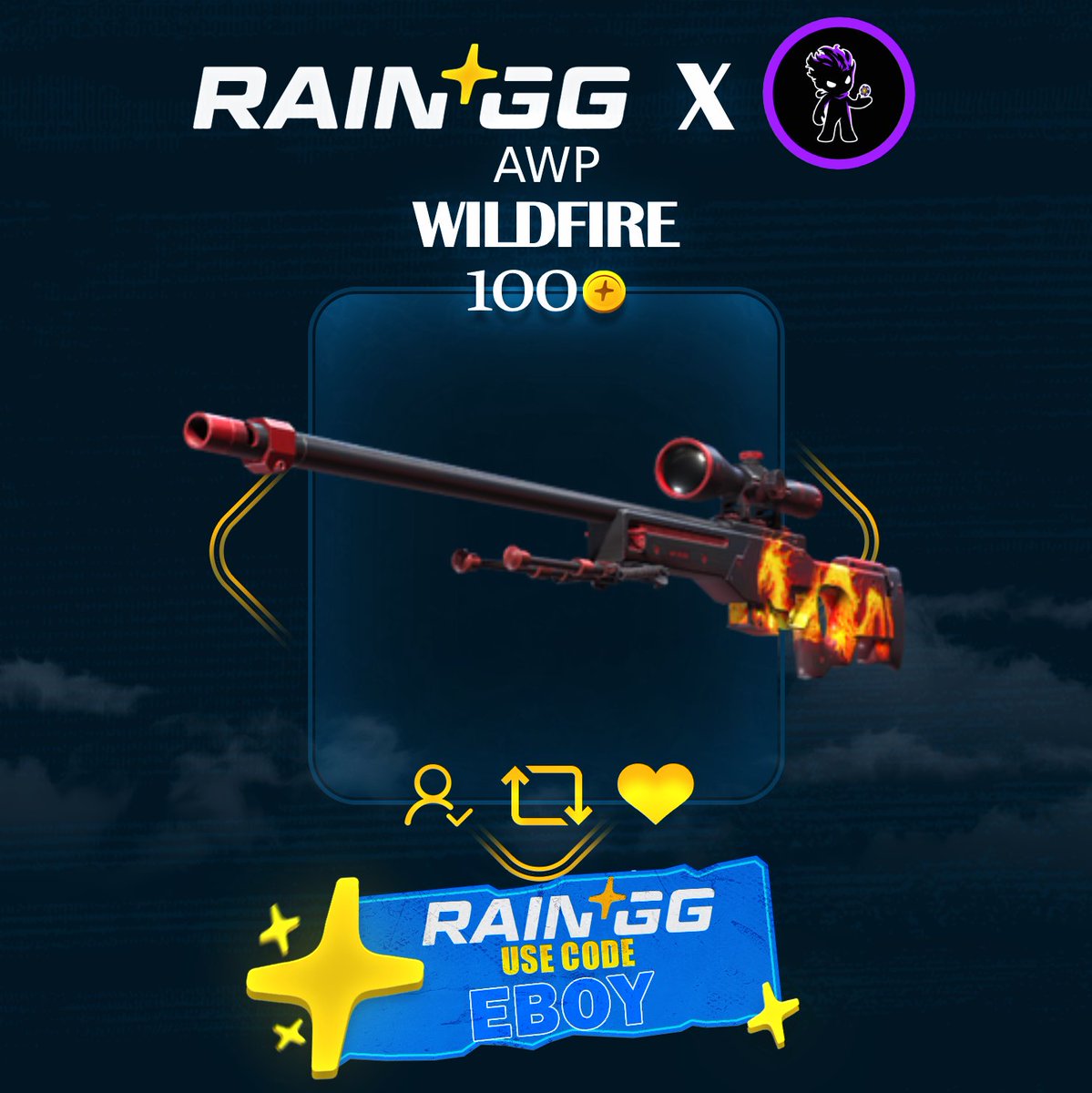 play on rain using code eboy and enjoy free battles, deposit bonuses and lossback, on top of a weekly lb that will increase in prizes over time. (this is optional) 
* winner will be announced SUNDAY *

✅Reply with RAIN ID  
✅Follow <a href="/raindotgg/">Rain.gg</a> 's twitter 
✅Like  
✅Retweet