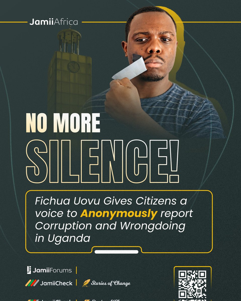 Speak without fear.

Fichua Uovu empowers you to anonymously, safely, and boldly expose corruption and injustice.

Start here today: jamii.app/FichuaUovu

#FichuaUovuUG #WhistleblowersUG #TransparencyUG #AccountabilityUG