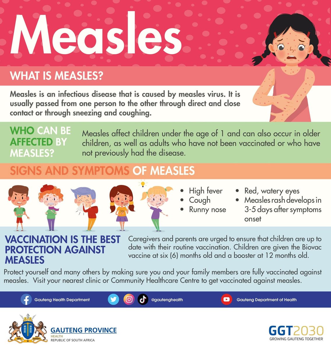 Parents are encouraged to ensure their children are immunised with the MR vaccine to protect against measles and rubella. 

The first dose is given at 6 months of age, followed by a second dose at 12 months.

#VaccinesSaveLives
#ProtectYourChildren