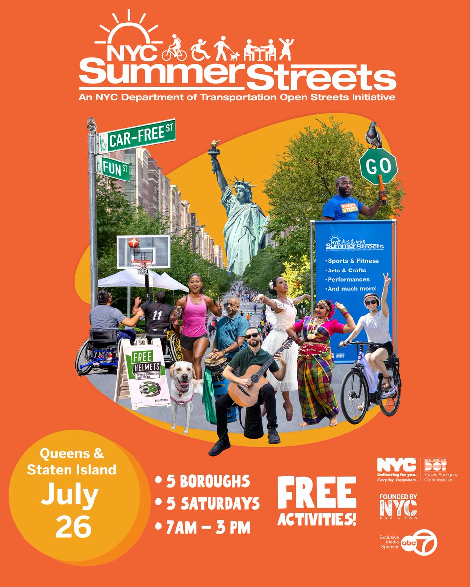 NYC_DOT's tweet image. Summer Streets starts this Saturday!
Catch us in #Queens and #onStatenIsland.
🗓️July 26
⏰7AM-3PM
📍Vernon Blvd + Forest Ave
More info: nyc.gov/SummerStreets
