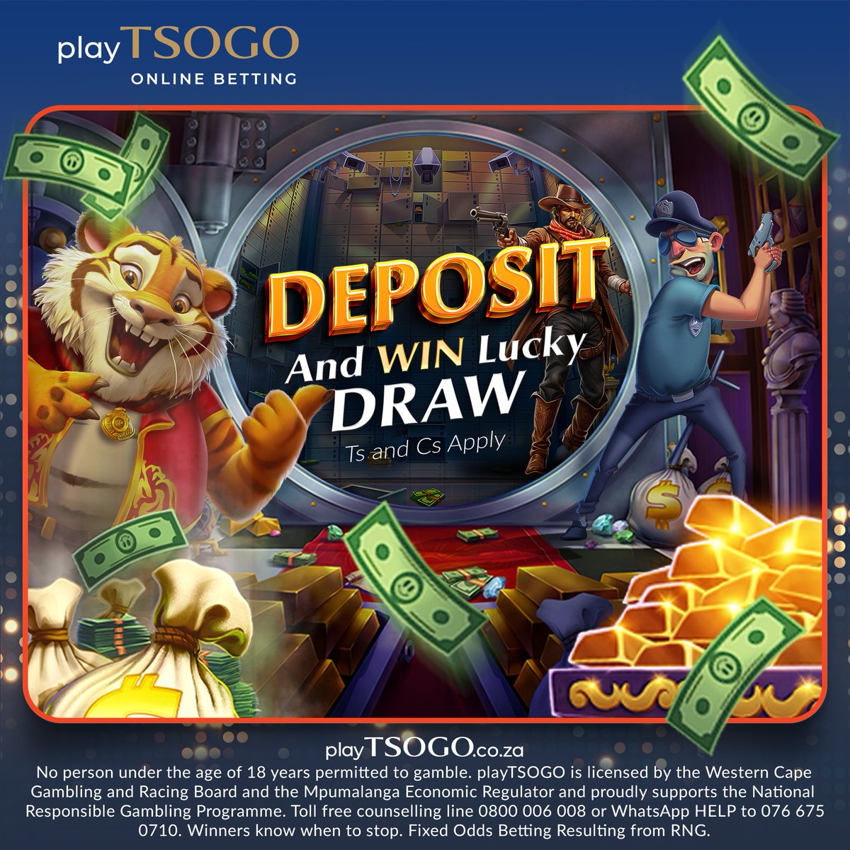 playTSOGO's tweet image. You could win your total deposit back up to R10 000 daily in our Deposit & Win Lucky Draw! Simply deposit R500+ until 31 July 2025 to secure an entry. Every R500 deposit earns you an entry into the draw, where ONE daily winner will be announced! Ts&Cs Apply. Rules with complete…