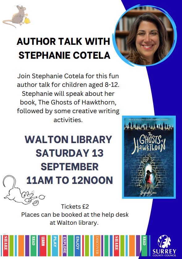 WaltonLibrary's tweet image. Book your ticket for our author talk with Stephanie Cotela @WaltonLibrary on Saturday 13 September 11am to 12noon. This event is for children aged 8-12. Tickets cost £2. Places can be booked at the help desk at Walton library #LoveLibraries #SurreyLibraries #Events 👻
