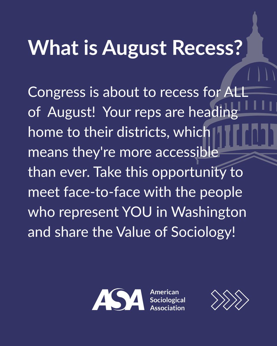 ASAnews's tweet image. August Recess = Meet Your Congresspeople! 📆Get on their schedules. 💹Use data to support your position. 🎪Attend multiple events. ✍️Send a thank you! Engage meaningfully with Congress on matters impacting sociology. Need more tips? asanet.org/public-engag...