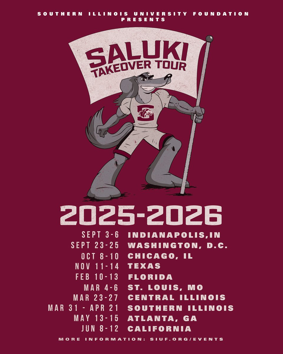 SIUFoundation's tweet image. The 2025–26 Saluki Takeover Tour is hitting the road! 
@SIUChancellor, university leaders &amp;amp; @SIUC alumni are coming to cities across the U.S.—from Indy to California.
Celebrate, connect &amp;amp; show your Saluki pride all year long! 
More details coming soon: siuf.org/events