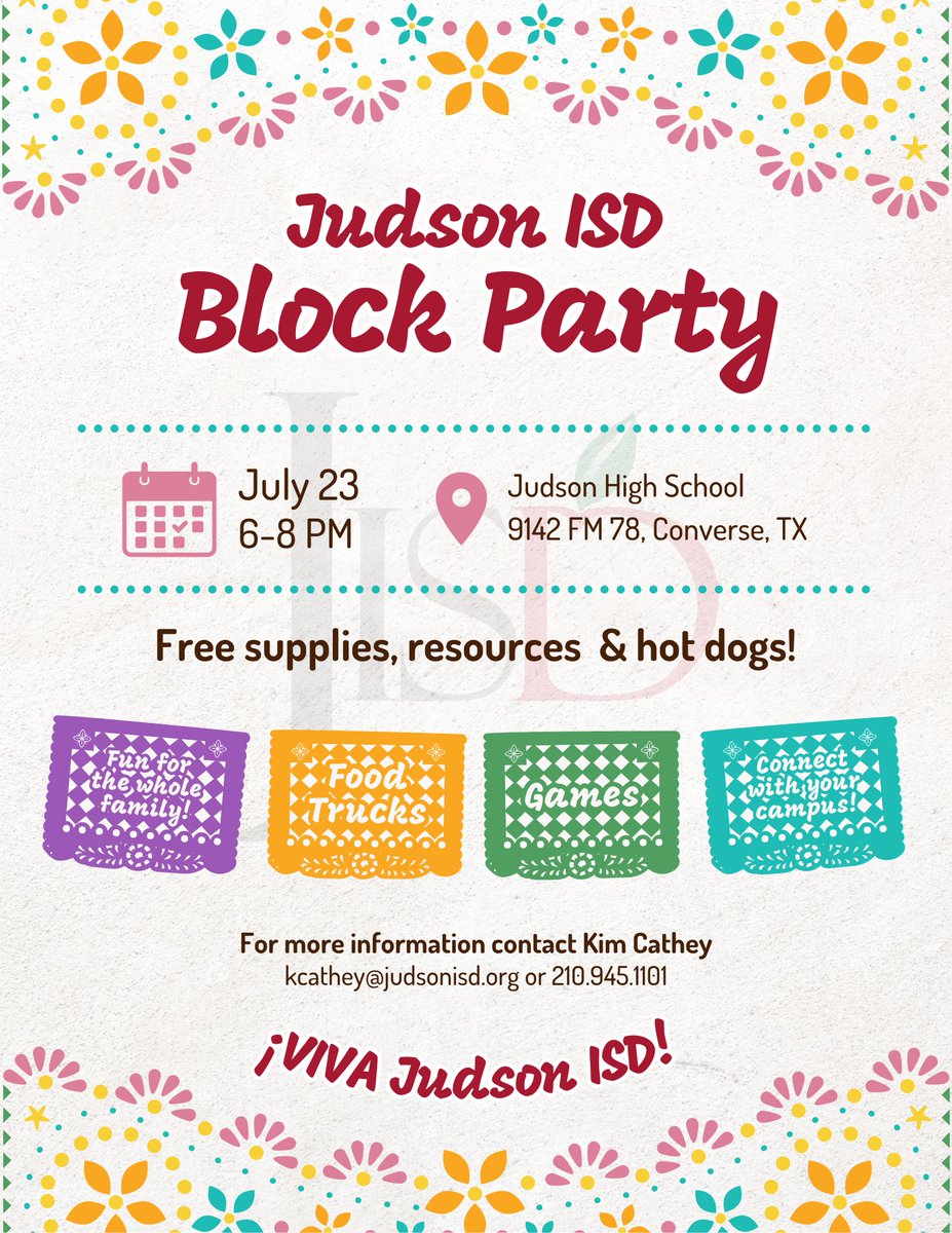 🎉𝐓𝐎𝐃𝐀𝐘’𝐒 𝐓𝐇𝐄 𝐃𝐀𝐘, 𝐉𝐈𝐒𝐃! 🎉

Join us for the JISD Block Party on July 23 from 6-8 PM at Judson High School! 

We’re kicking off the school year with free school supplies, fun activities, community vendors, and JISD spirit! 🏫🍎🪅#JudsonISD #JISD