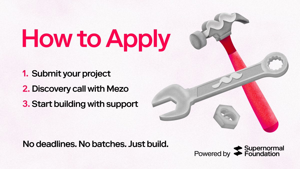 MezoNetwork's tweet image. No deadlines. No cohorts. Just a rolling path to start building.
Your idea, our support, and Bitcoin-native rails.
Apply to be an Alpha Builder in 3 simple steps 🔽
2d0lnha7ee6.typeform.com/to/B9jzgjb6