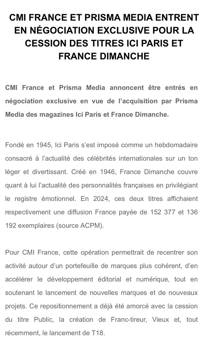 Adschwyter's tweet image. CMI France confirme vouloir céder les magazines Ici Paris et France Dimanche à Prisma (communiqué). La finalisation de l’opération est attendue au second semestre 2025.