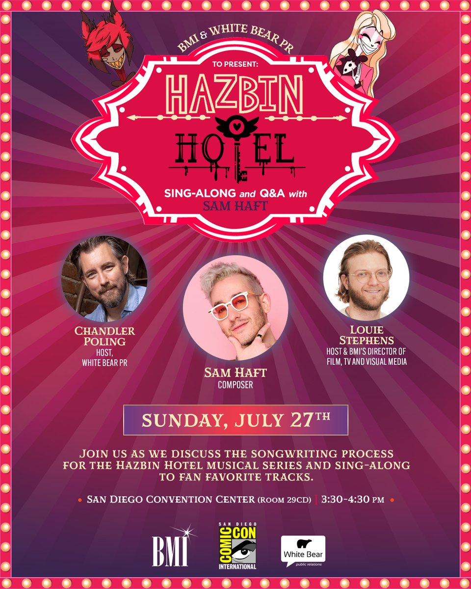 bmi's tweet image. Join us for a fun time at this year's @comiccon for the HAZBIN HOTEL SING-ALONG with songwriter Sam Haft this Sunday, July 27th at 3:30 PM. Presented by us and @whitebearpr - moderated by @ChandlerPoling with introduction by our very own #LouieStephens! 🎶🎞️
#BMIScores #ComicCon