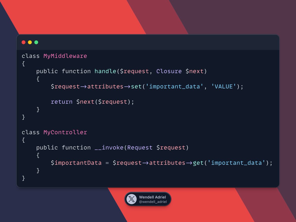 wendell_adriel's tweet image. Laravel Tip 🚀
Did you ever need to inject a value from a Middleware to a Controller, but didn't know how to do it?
You can inject values into the Request and use them in a very easy way!
Check out this example! 🔥