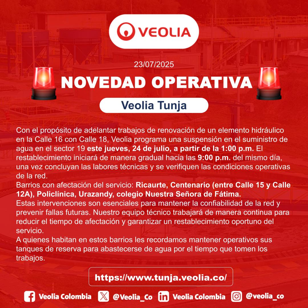 🚧 #Atención | Este jueves 24 de julio, se suspenderá el servicio de agua en el Sector 19 desde la 1:00 p. m. por trabajos de renovación en la red.
💧 Barrios afectados: Ricaurte, Centenario, Policlínica, Urazandy y Ntra. Sra. de Fátima.
🔁 Restablecimiento: 9:00 p. m.