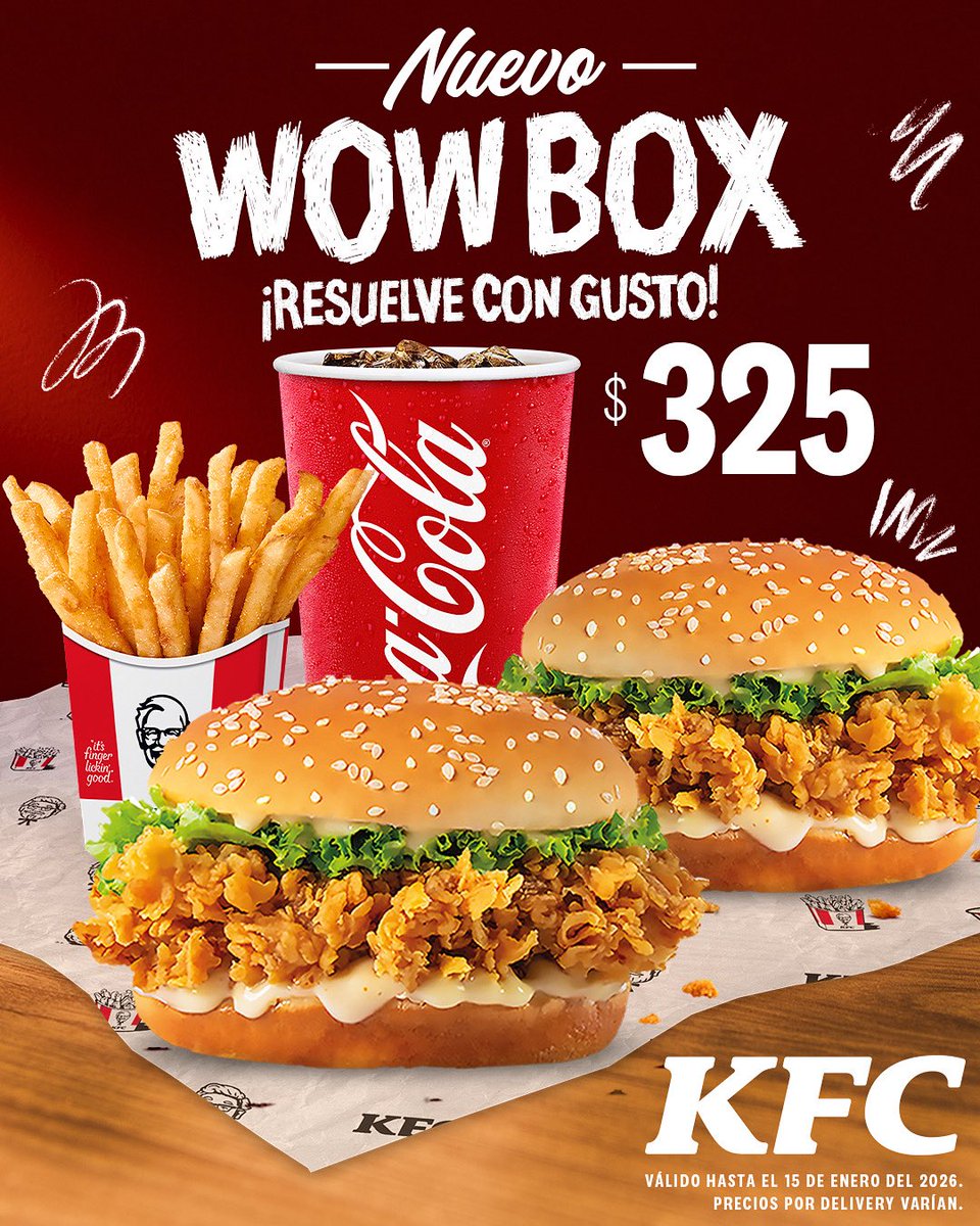 El nuevo WOW BOX te va a gustar el doble.
2 Sándwiches Krunchy + 1 Papa frita peq. + 1 Refresco por solo RD$325

*Disponible todos los días
*Precios por delivery varían 
*Disponible en todos nuestros restaurantes.

#kfc #kfcrepdom #pollo #wowbox