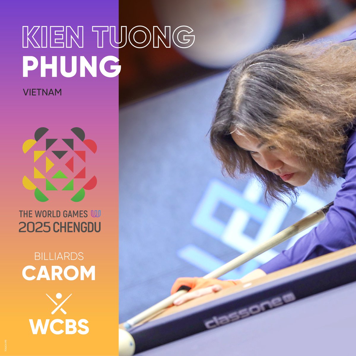 For the first time, Carom 3-Cushion Women will be featured at the World Games!

The World Games 2025 Chengdu - Player Lineup - Carom 3-Cushion - Women's Category

Kien Tuong Phung - Vietnam

#TWG2025 #Billiards 

<a href="/umb_carom/">Union Mondiale de Billard</a>
