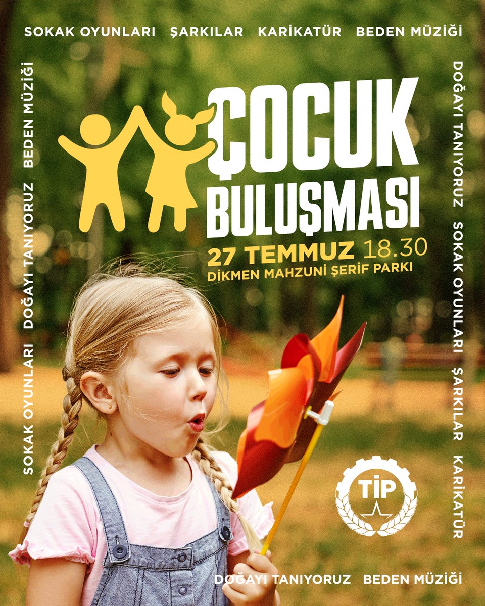 tip_ankara's tweet image. Çocuk buluşmasına davetlisiniz 🪁
Birlikte sokak oyunlarını keşfedecek, şarkılar söyleyip karikatürler çizecek, bedenimizle müzik yapacak ve doğayı tanıyacağız!
🗓️ 27 Temmuz Pazar
⏰ 18.30
📍 Dikmen Mahzuni Şerif Parkı