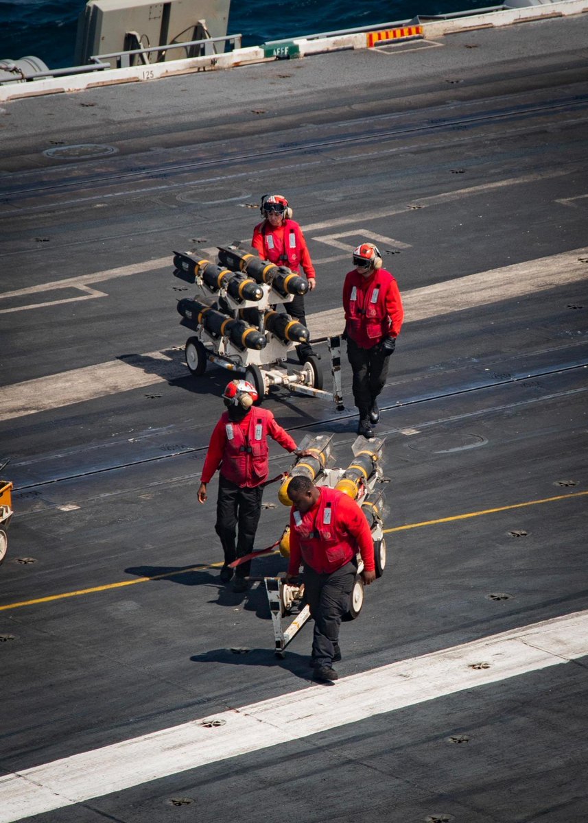 CENTCOM's tweet image. U.S. Sailors aboard the Nimitz-class aircraft carrier USS Nimitz (CVN 68) inspect, prepare, and load ordnance on an MH-60R Sea Hawk in the U.S. Central Command area of responsibility.