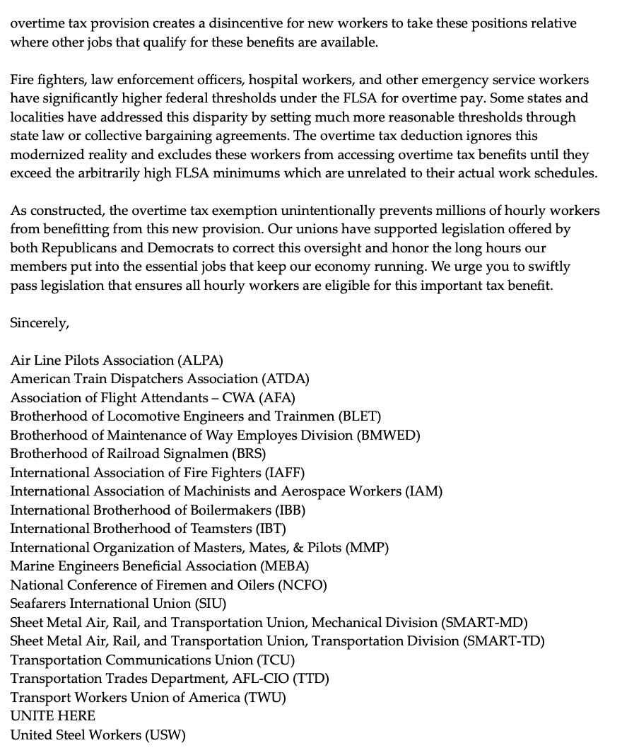 Senate Republicans blocked millions of workers, including Flight Attendants, from "No Tax on Overtime Wages."

We joined unions to call on Congress to correct the tax code on overtime wages to include airline, motorcoach, railroad, trucking, delivery, emergency response &amp; others!